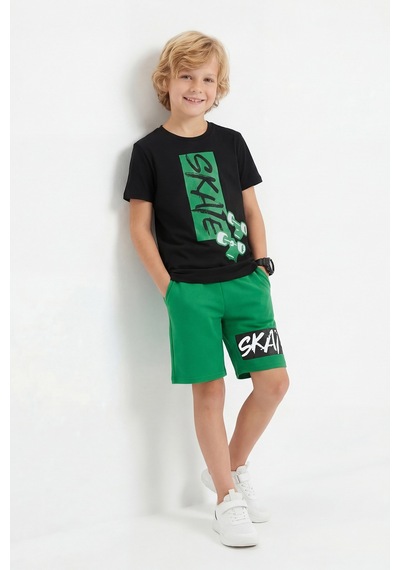 Panios Kids Yuvarlak Yaka Skate Baskı Detaylı Yazlık Erkek Çocuk Alt Üst Takım Yeşil
