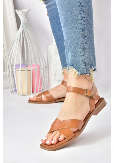 Fox Shoes Taba Hakiki Deri Çapraz Bantlı Günlük Kadın Sandalet M291041503 Taba