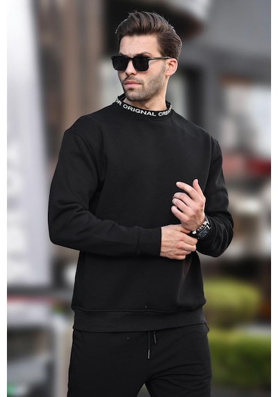 Madmext Siyah Bisiklet Yaka Şardonlu Erkek Sweatshirt 7047-siyah Siyah