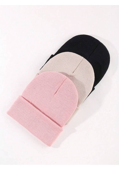 Eke Tekstil Unisex Katlamalı 3'lü Bere Seti Pembe - Siyah - Taş