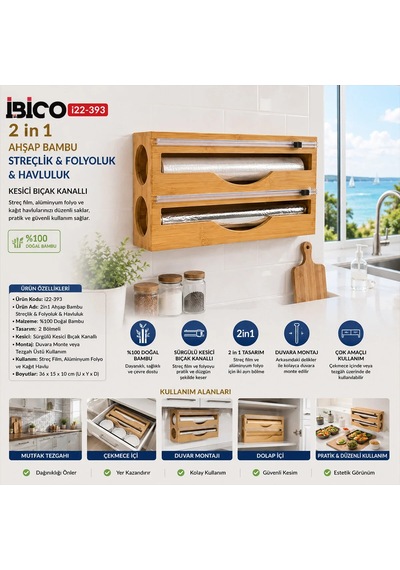 2ın1 Ahşap Bambu Streçlik - Folyoluk - Havluluk Kesici Bıçak Klı Çok Renkli