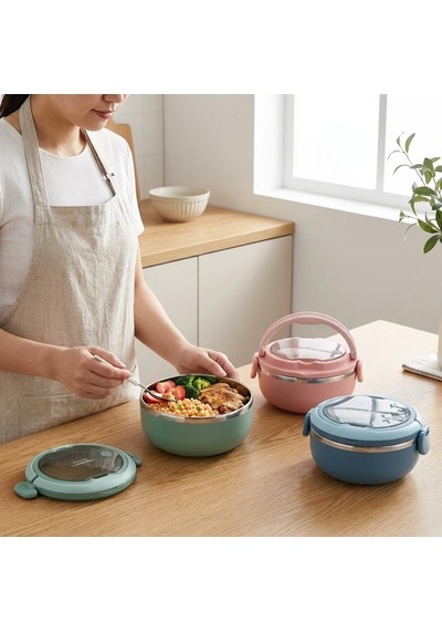 700 Ml Paslanmaz Çelik Yemek Kabı, Kaşıklı, Saplı Ve Kilitli Yuvarlak Lunch Box, Mavi Yeşil Pembe Renk Seçenekli, 12x11x13cm Kapaklı Saklama Ve Taşıma Kabı Çok Renkli