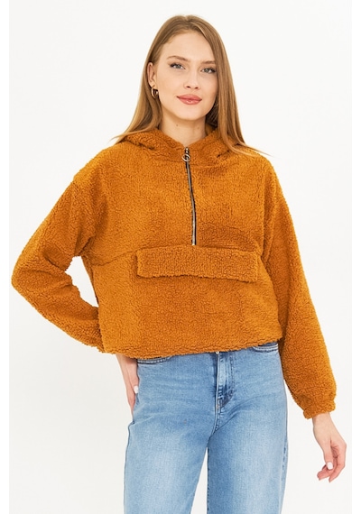 Armonika Kadın Camel Kapüşonlu Cep Kapaklı Peluş Sweatshirt Arm-25k001090