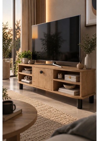 Sulorahome Bej Suntalam Tv Sehpası 136x44 Cm Açık Ceviz