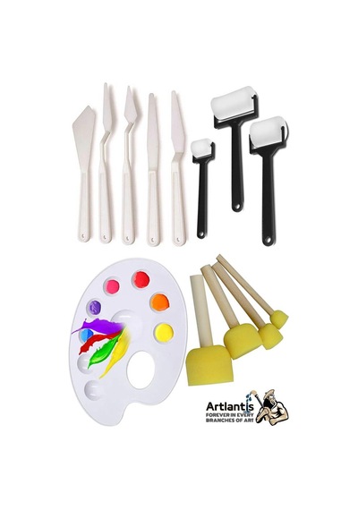 Palet Rulo Fırça Ponpon Fırça Ve Plastik Spatula 4'lü Set 1 Paket Resim Hobi Sanat Etkinlik Resim Paleti
