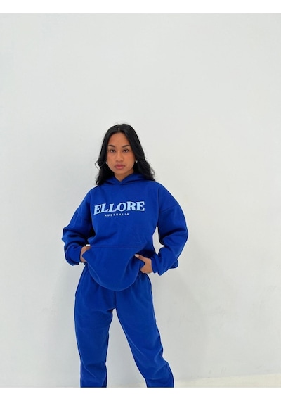 Ellore Eşofman Takımı Sweatshirt Jogger - Sax Mavi Baskılı Oversize Şardonlu Kapüşonlu Saks Mavi