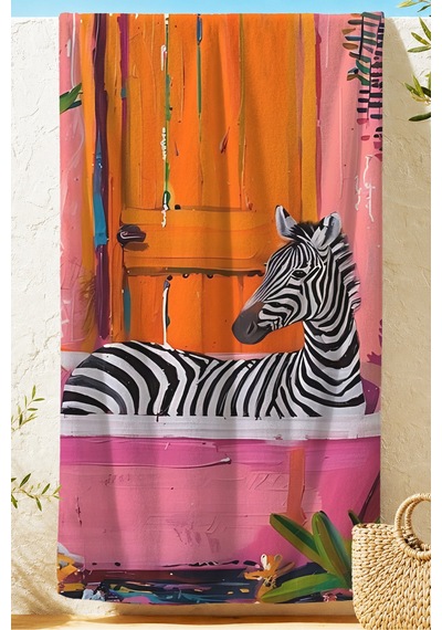 Zebra Temalı Tropikal Plaj Havlusu - Modern Safari Pembe Turuncu Hızlı Kuruyan Mikrofiber Havlu Çiy Armut