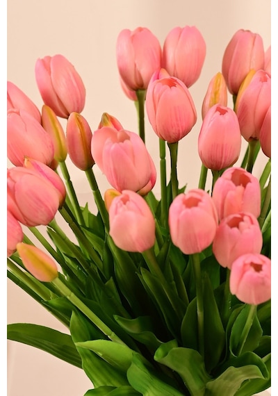 Pembe Yapay Tulipa Lale Çiçeği Buketi 5 Dallı Premium Canlı Islak Dokulu 43 Cm
