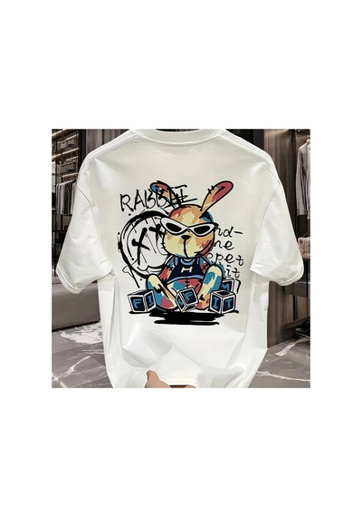 Caddemia Yaz  Moda Rahat Gevşek Siyah Tavşan Karikatür Desen Baskılı Yuvarlak Bo Beyaz 2XL