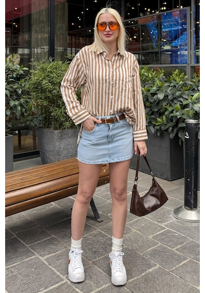 Madmext Bej Cep Detaylı Çizgili Kadın Gömlek Mg2295 Bej