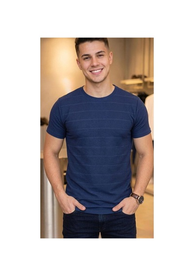 Regata Çizgi Desenli Bisiklet Yaka Regular Fit Örme İnce Triko Erkek T-shirt Lacivert