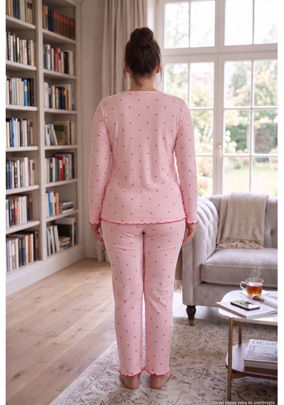 Seboteks Fitilli Kaşkorse Kumaş Uzun Kollu Büyük Beden Kadın Pijama Takımı 2990 Pudra