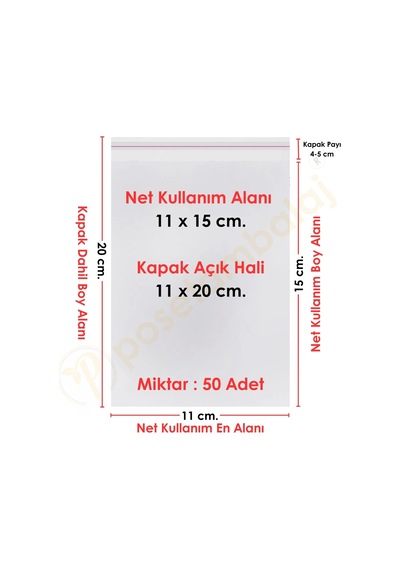 11x15+5 Cm. 11x20 50 Adet Şeffaf Bantlı Yapışkanlı Opp Poşet