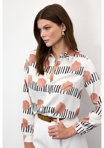 Sateen Desenli Klasik Gömlek - Mocha-137019 Kahverengi