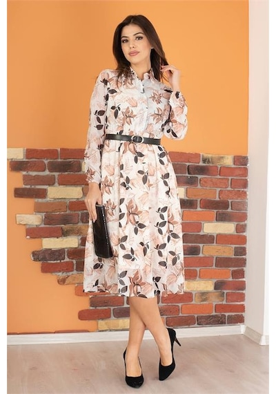 Neşeli Butik Kadın Bej Gömlek Yaka Kemerli Çiçek Desenli Şifon Elbise Ry0031 Bej