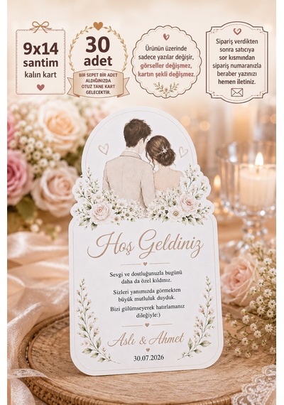 30 Adet Gelin Damat Özel Kesim Masa Hoşgeldiniz Kartı - Masa Kartı - Teşekkür Kartı
