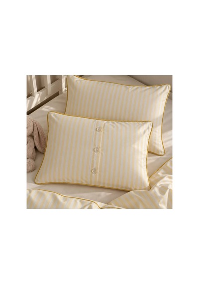 H&c Bebek Nevresim Takımı Keten Dokulu 4 Parça Biyeli Çizgili Beşik 100x150 Cm Nevresim Seti Çarşaf Sarı Krem Çizgili -sarı Biyeli