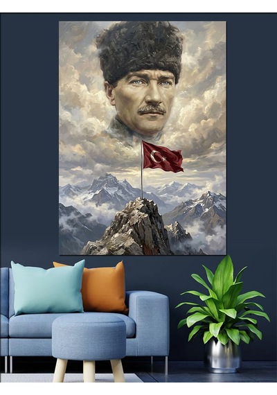 Dağ Zirvesinde Atatürk Ve Bayrak Dekoratif Kanvas - Mdf Ahşap Tablo