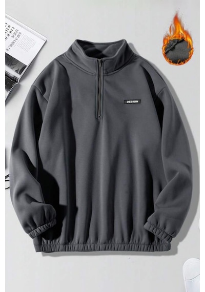 Ghassy Co. Erkek Yarım Fermuarlı Oversize Bel Ve Kol Lastikli İçi Polarlı Sweatshirt Füme