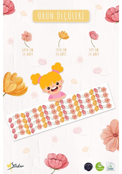 Açık Ve Soft Renklerde Çiçeklerden Oluşan Özel Çizim Sticker Seti 68 Adet Özel Keismli Sticker Seti Dijital Baskı