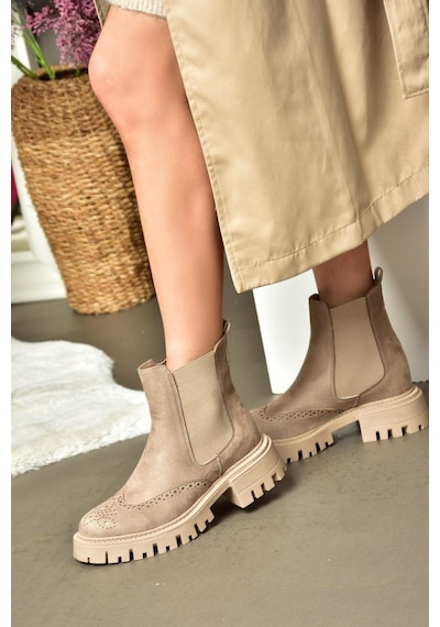 Fox Shoes R312152902 Vizon Süet Kalın Tabanlı Kadın Bot Vizon Süet
