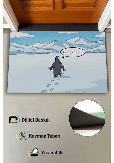 Valerine Life Nihilist Penguen Hadi Ben Kaçtım Dijital Baskılı Ev Ofis İş Yeri Kapı Önü Paspası 45x7 Kahverengi