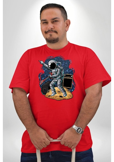 Angemiel Gitar Astronot Müzik Uzay Kırmızı Büyük Beden Erkek Kadın Unisex Basic Ön Baskılı Tişört Kırmızı