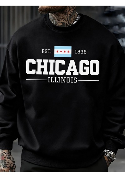Startmore Tarzsokak Chicago Illinois Baskılı Sonbahar Erkekler Kazak Yumuşak Giysiler Büyük Boy Sokak Kazak Polar Siyah