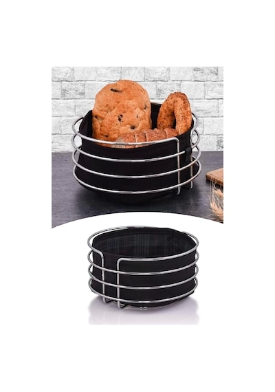 Metal Ekmeklik Paslanmaz Krom Şeritli Siyah Kumaş Yuvarlak Ekmeklik Ekmek Sepeti Gümüş