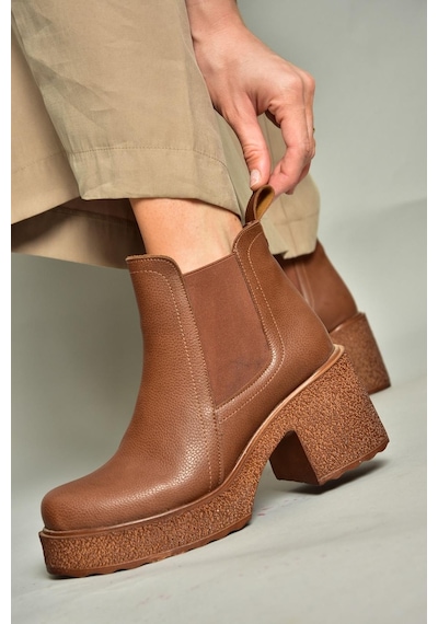 Fox Shoes T996220009 Taba Kalın Topuklu Kadın Bot Taba