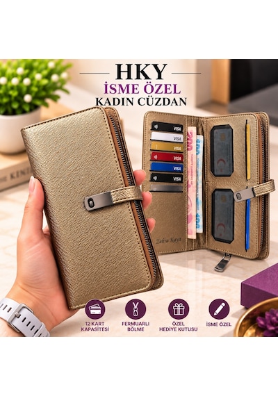 Hky Çok Kullanışlı İsme Özel Kadın Cüzdan Bakır