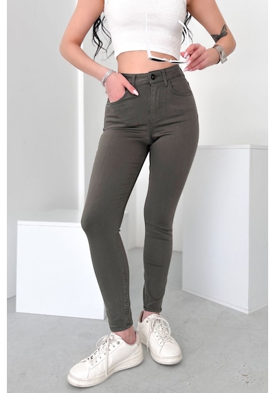 HLT Jeans Kadın Açık Haki Süper Skinny Fit Esnek Likralı Yüksek Bel Jean Kot Pantolon Jennie-2009 Açık Haki