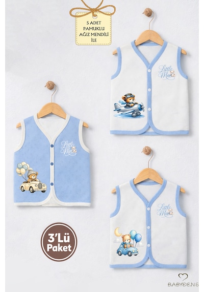 Babyden's Erkek Bebek 3 Lü Jakarlı Yelek Set Çıtçıtlı Bebek Yeleği Ayıcık Baskılı,pamuklu,yenidoğan Yelek Seti Ekru - Mavi