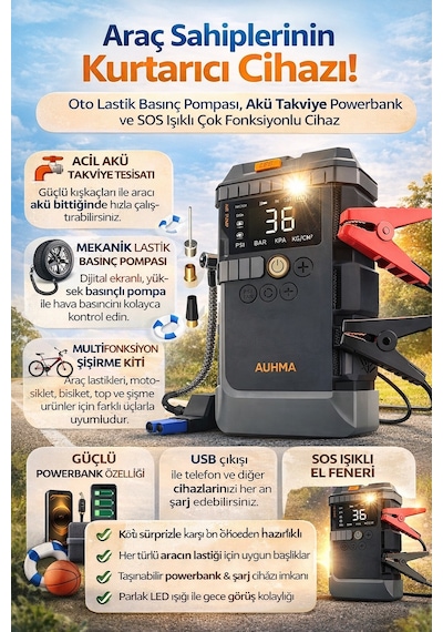 Araç Lastik Basınç Pompası Akü Takviye Powerbank Ve Sos Işıklı Çok Fonksiyonlu Cihaz