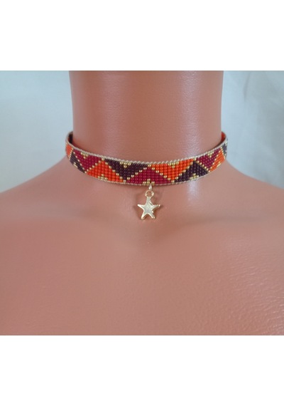 Kum Boncuk Yıdızlı Dokuma Choker Altın