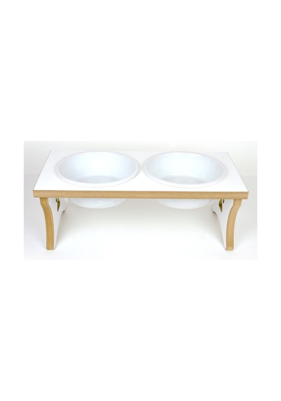 Köpek Su Ve Mama Kabı Standı - Büyük Irk - Beyaz Mdf - 2'li Model - Beyaz Seramik Kase - 2 1000ml