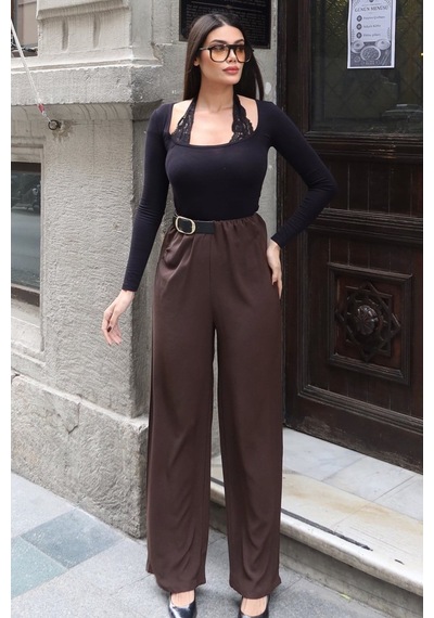 Kechi Woman Linda Twill Kumaş Kemer Detay Pantolon Kahverengi