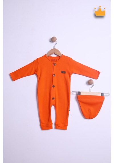 Babyhola Kız Erkek Bebek Tulum Bere Takım Pamuk Önden Düğmeli İnterlok 23630 Turuncu
