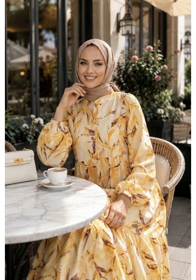 Hb Harma Time Butik Kadın Düğmeli Modal Kumaş Desenli Sarı Elbise Hardal Hardal
