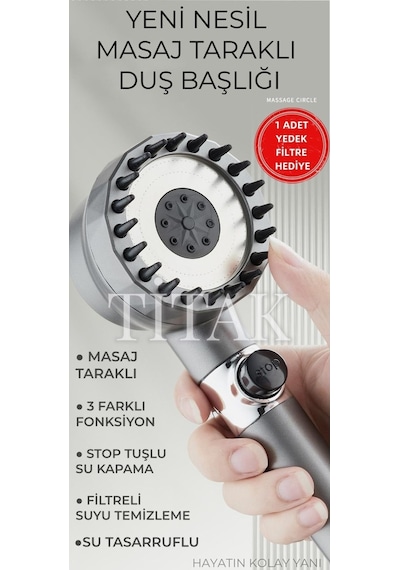 Yeni Masajlı Filtreli Stop Tuşlu 3 Fonksiyonlu Duş Başlığı - Duş Hortumu - Yapışkanlı Duş Askısı Set Diğer