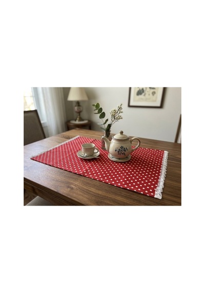 Puantiyeli Dantelli Kırmızı Masa Örtüsü Runner 85x50 Cm - Mutfak Ve Salon Dekoru