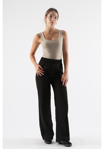 Dokuma Siyah Geniş Paça Beli Lastikli Basic Uzun Kadın Pantolon Sh191 S
