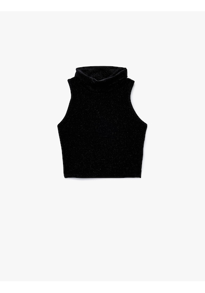 Koton Kolsuz Slim Fit Balıkçı Yaka Simli Crop Kadife Top Siyah 6wak10058ek Siyah