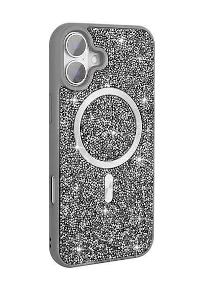 Apple Uyumlu iPhone 16 Pro Kılıf Pırlanta Tasarımlı Magsafe Şarj Özellikli Zore Mozaik Silikon Kapak - Tit Gri