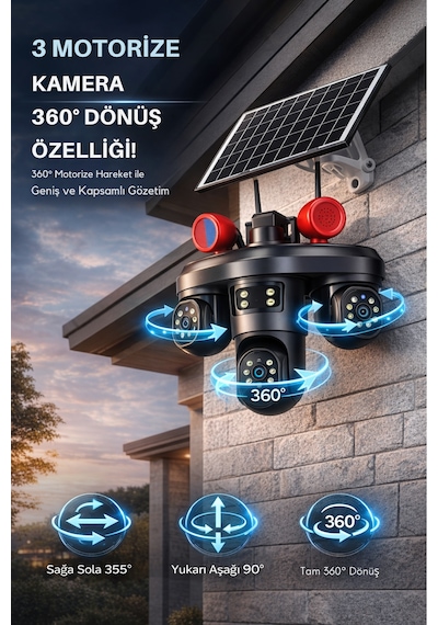 Sim Kartlı Üç Motorize Kameralı Hareket Takipli Güneş Enerjili Güvenlik Kamerası