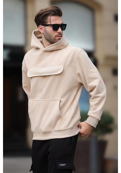 Madmext Bej Kapüşonlu Kapaklı Cep Detaylı Polar Erkek Sweatshirt 7097 Bej