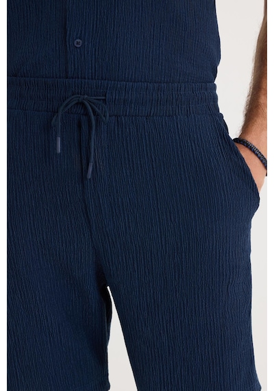 Tudors Erkek Slim Fit Dar Kesim Apaş Yaka Beli Bağcıklı İndigo Gömlek Şort Takım-37572 İndigo