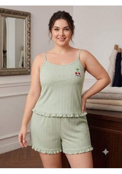 Büyük Beden Askılı Şortlu Likralı Pamuklu Kumaş Pijama Takım Yeşil
