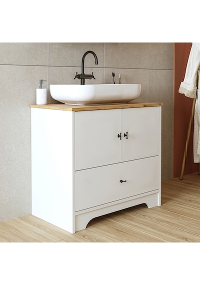 Oval Lavabolu Ayaklı 2 Kapaklı Çekmeceli Mdf 80 Cm Banyo Dolabı Atlantik Çam - Beyaz Oval Lavabolu Ayaklı 2 Kapaklı Çekmeceli Mdf 80 Cm Banyo Dolabı Atlantik Çam - Beyaz
