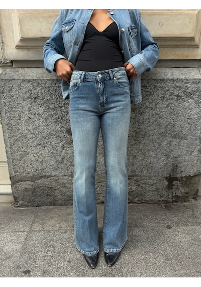 Out Of Standart Kadın Midwaist Flare Yüksek Bel Geniş Paça Jean Pantolon İce Blue